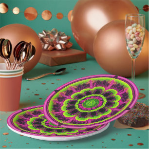 Neon-Pink-und-Grün-Kaleidoskop-Design Pappteller
