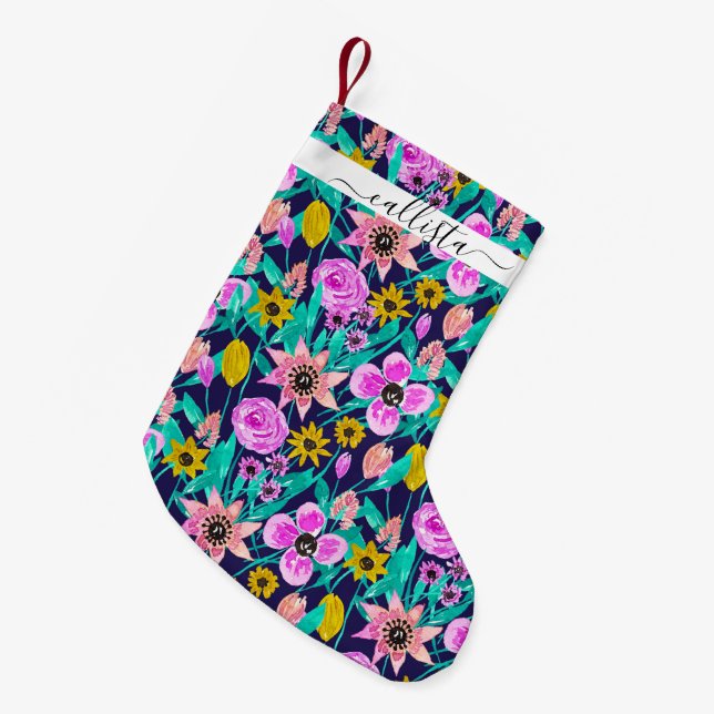Neon Pink Yellow Floral Blätter Aquarellmuster Kleiner Weihnachtsstrumpf (Vorderansicht (hängend))