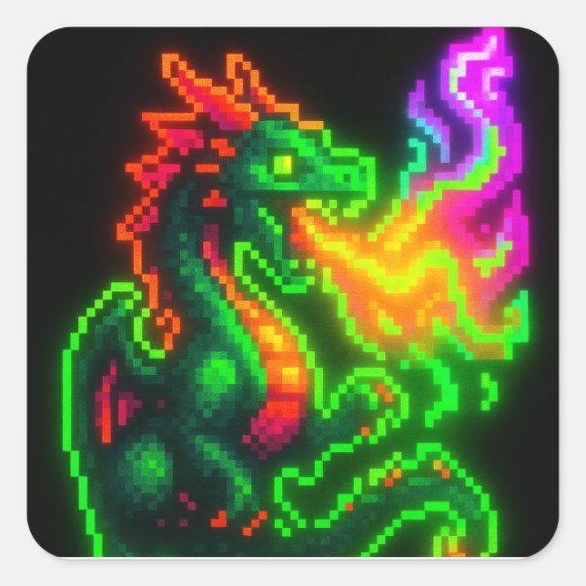 Neon Pixel Dragon - Retro Arcade Flame Design Quadratischer Aufkleber (Vorderseite)