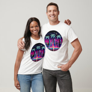 Neon Pixel Palm Trees - Cyberpunk Night City Art T-Shirt