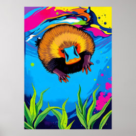 Neon Platypus Underwater Splash - Farbenfrohe Auss Poster