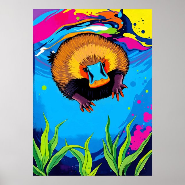 Neon Platypus Underwater Splash - Farbenfrohe Auss Poster (Vorne)