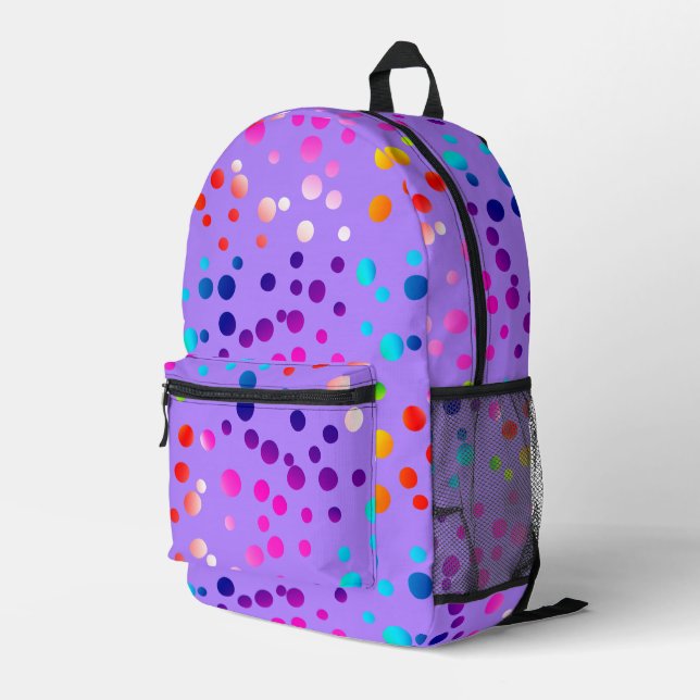 Neon Polka Dots auf Lila Bedruckter Rucksack (Rückseitige Ecke Rechts)