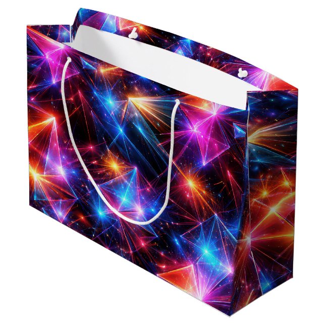 Neon-Polygon-Abstraktion mit Explosionen Große Geschenktüte (Rückseite Schrägansicht)