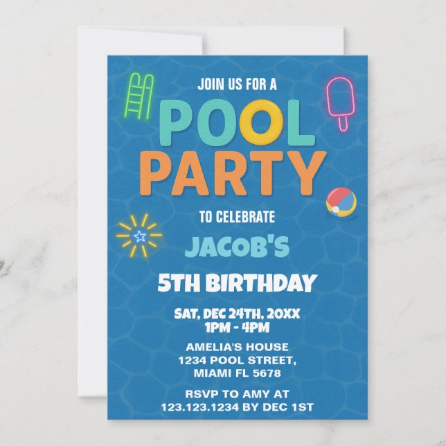 Neon Pool Anniversaire Bash Invitation (Devant)