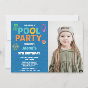 Neon Pool Birthday Bash Einladung mit Foto