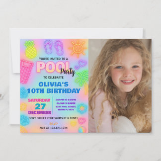 Neon Pool Geburtstagseinladung mit Foto Einladung