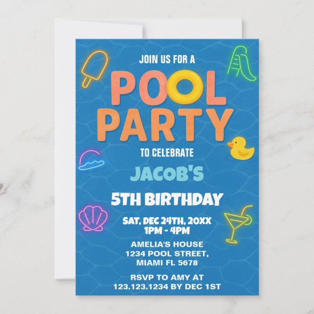 Neon Pool Party Anniversaire Invitation (Devant)