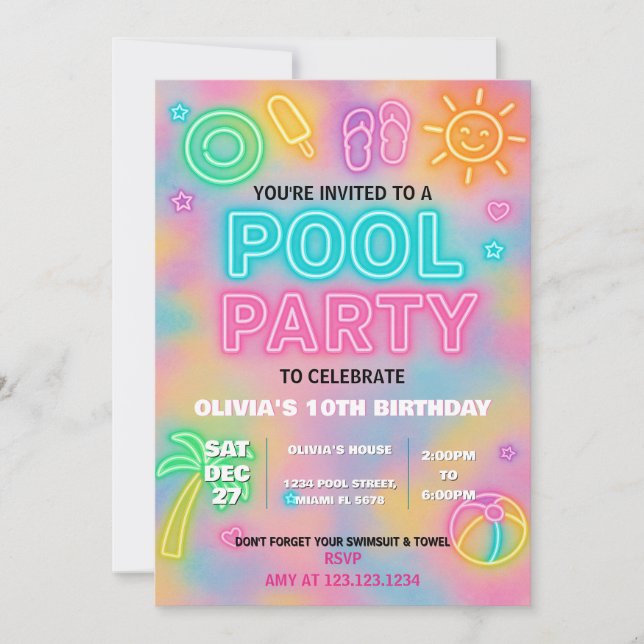 Neon Pool Party Einladung für Kinder und Jugendlic (Vorderseite)