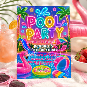 Neon-Poolparty-Geburtstag   Glow Sommer  Einladung