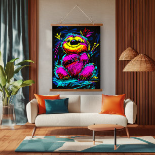 Neon-Pop-Art-Faultier: Lustige und lebendige Kunst Wandteppich Mit Holzrahmen