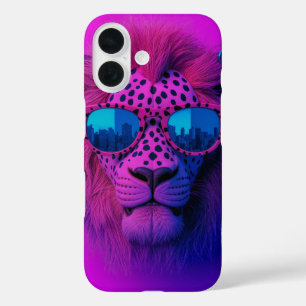 Neon Pop Art Löwe mit blauer Sonnenbrille iPhone 16 Hülle