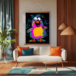 Neon-Pop-Art-Pinguin: Spielend und farbenfroh Wandteppich Mit Holzrahmen