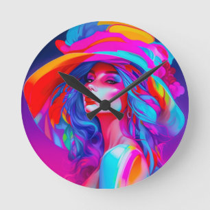 Neon-Pop-Art-Porträt Runde Wanduhr