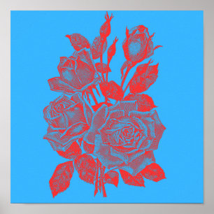 Neon-Pop-Art-Rosen: Vibrante rote Gravur Poster