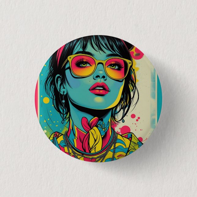 Neon Pop Diva Portrait - Bold & Vibranno Retro Art Button (Vorderseite)