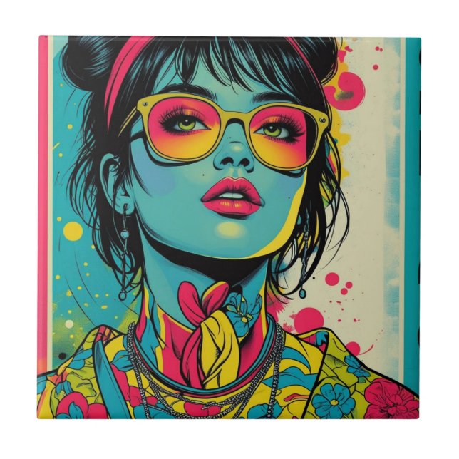Neon Pop Diva Portrait - Bold & Vibranno Retro Art Fliese (Vorderseite)