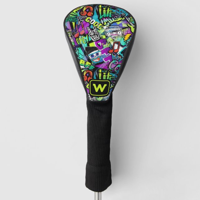 Neon Pop Music Graffiti Street Art Mit Monogramm Golf Headcover (Vorderseite)