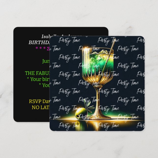 Neon Popular Party Time Personalisiert Einladung (Vorne/Hinten)