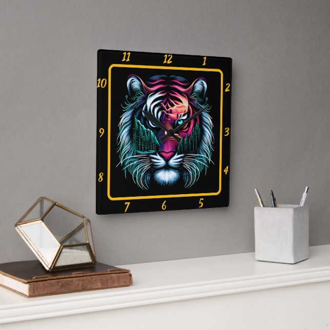 Neon Predator Tiger Artwork Quadratische Wanduhr (Büro)