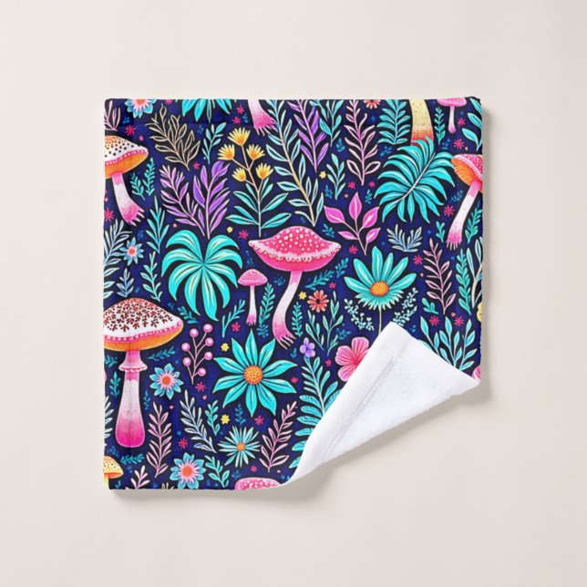 Neon Psychedelic Mushroom Forest Dream Badhandtuch Set (Waschlappen)