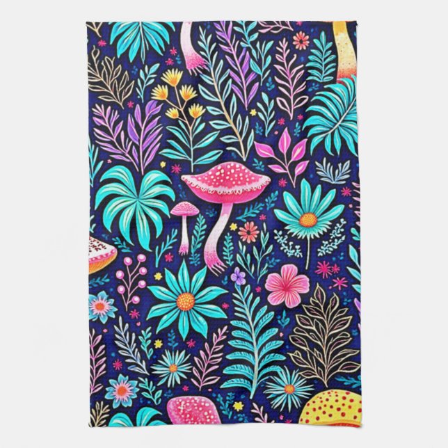 Neon Psychedelic Mushroom Forest Dream Geschirrtuch (Vertikal)