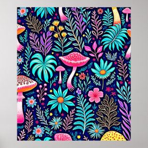 Neon Psychedelic Mushroom Forest Dream Poster
