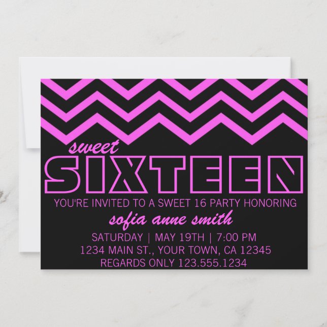 Neon Purple et Black Chevron Sweet 16 Invitation (Devant)