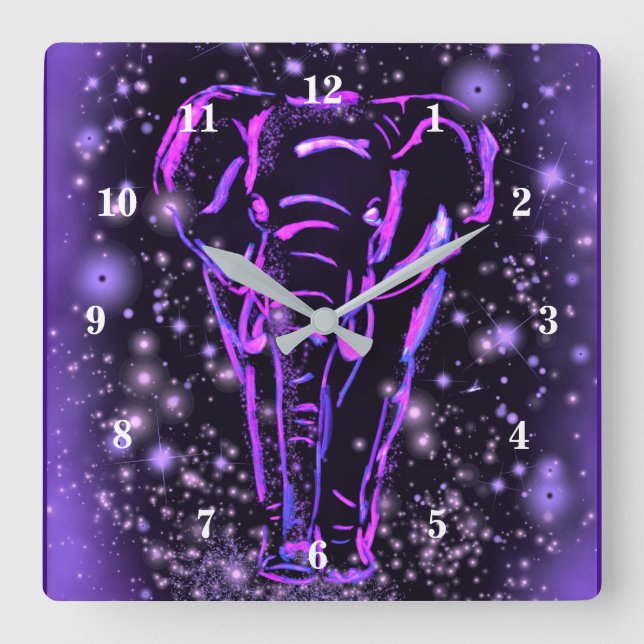 Neon Purple Pink Elephant Walking At Starry Night  Quadratische Wanduhr (Vorderseite)
