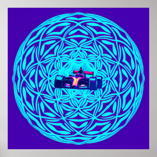 Neon Race Car in Geometric Sphere Poster