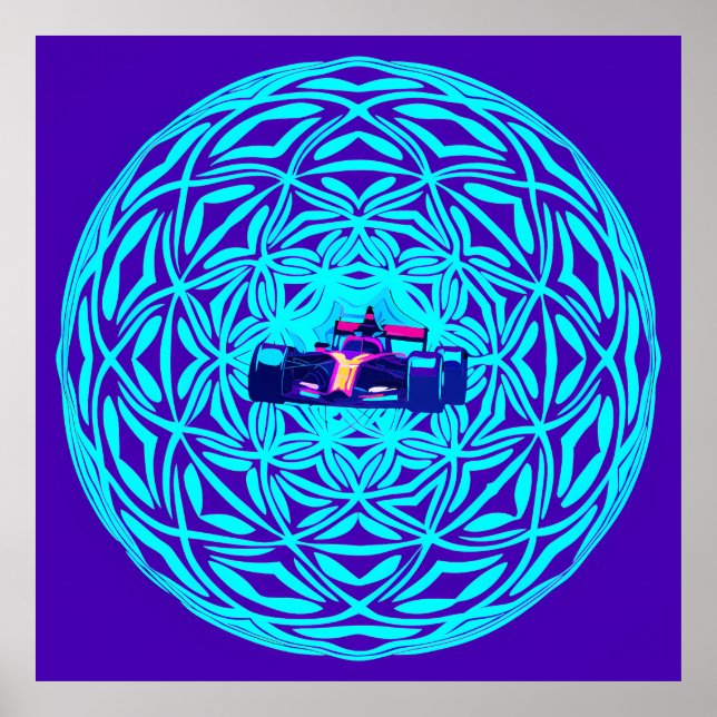 Neon Race Car in Geometric Sphere Poster (Vorne)