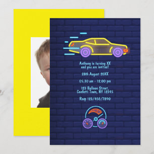 Neon Racing Car Birthday Party Foto Einladung
