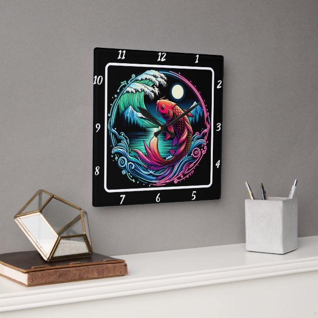 Neon Radiant Koi Gold Fish Dream Quadratische Wanduhr (Büro)