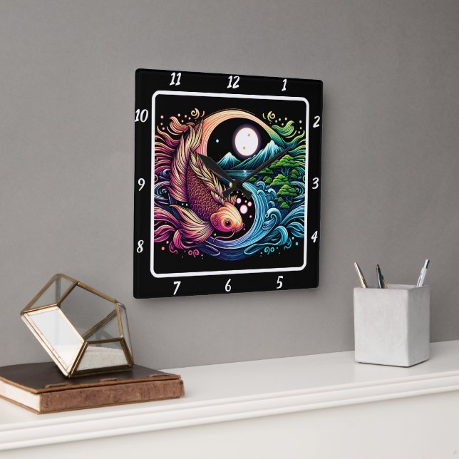 Neon Radiant Koi Gold Fish Harmonie Quadratische Wanduhr (Büro)