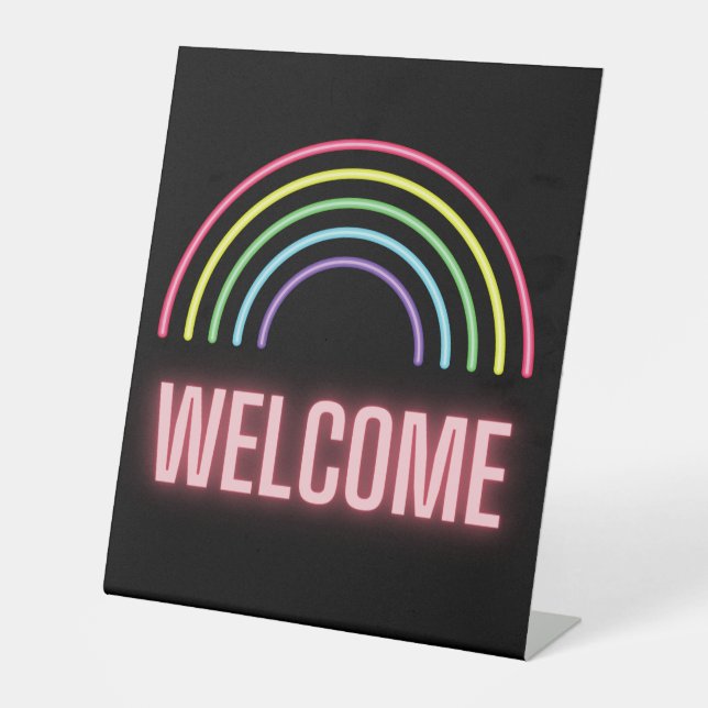 Neon Rainbow Begrüßungszeichen Pedestal Sockelschild (Vorderseite)