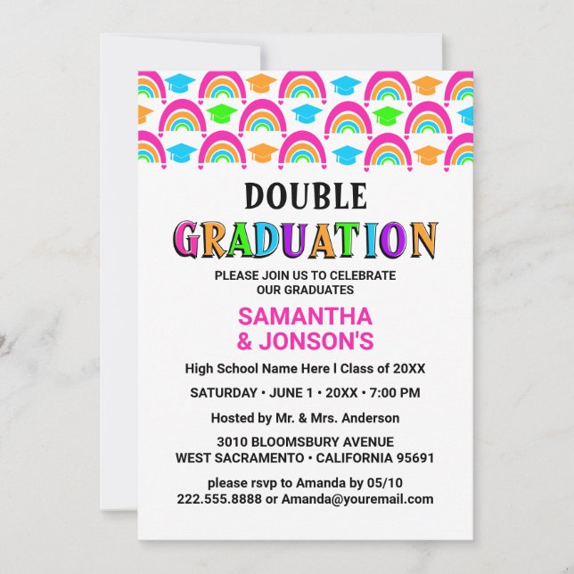Neon Rainbow Double Graduation Party Einladungen (Vorderseite)