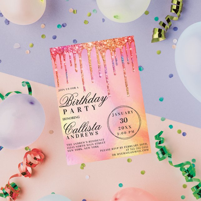 Neon Rainbow Holographic Glitzer Tropfens Birthday Einladung (Von Creator hochgeladen)