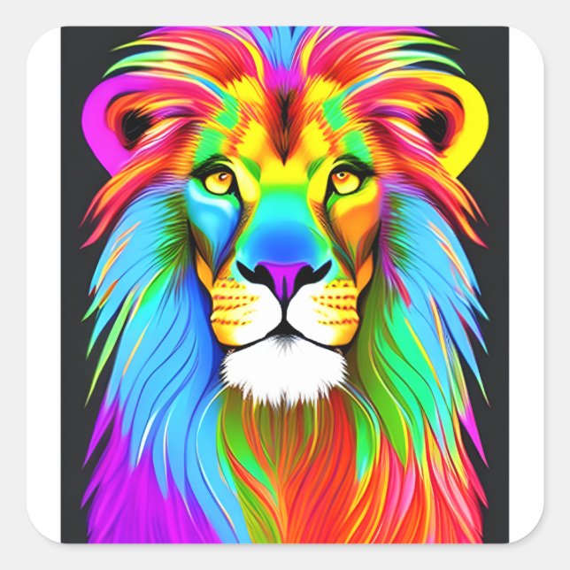 Neon Rainbow Lion Quadratischer Aufkleber (Vorderseite)