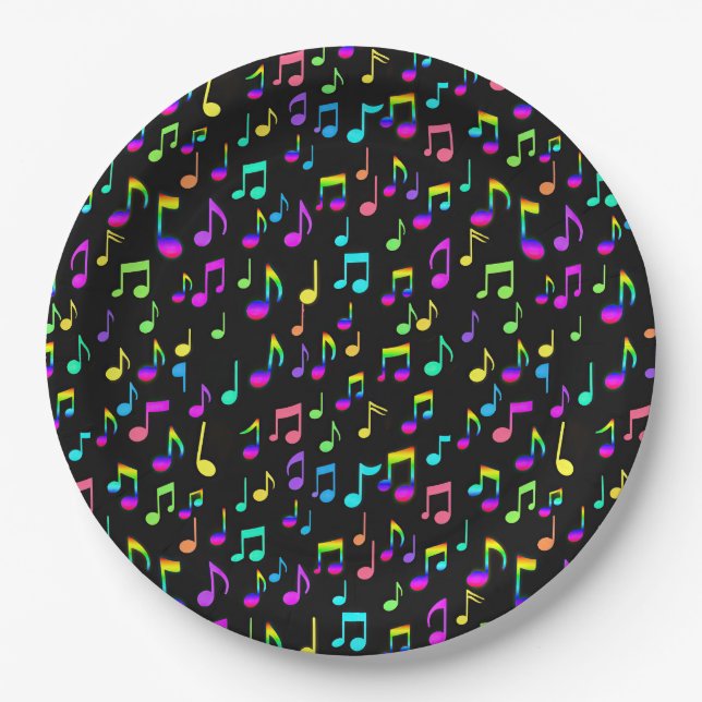 Neon Rainbow Musical Notes on Black Pappteller (Vorderseite)