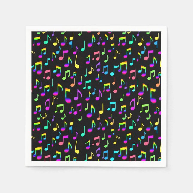 Neon Rainbow Musical Notes on Black Serviette (Vorderseite)