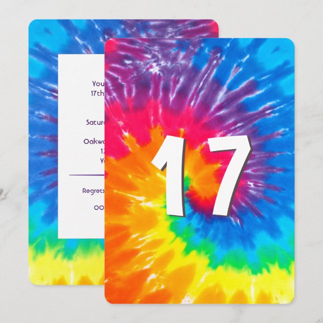 Neon Rainbow Tie Dye 17e anniversaire Invitation (Devant / Derrière)