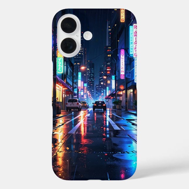 Neon Rainy City iPhone 16 Hülle (Rückseite)