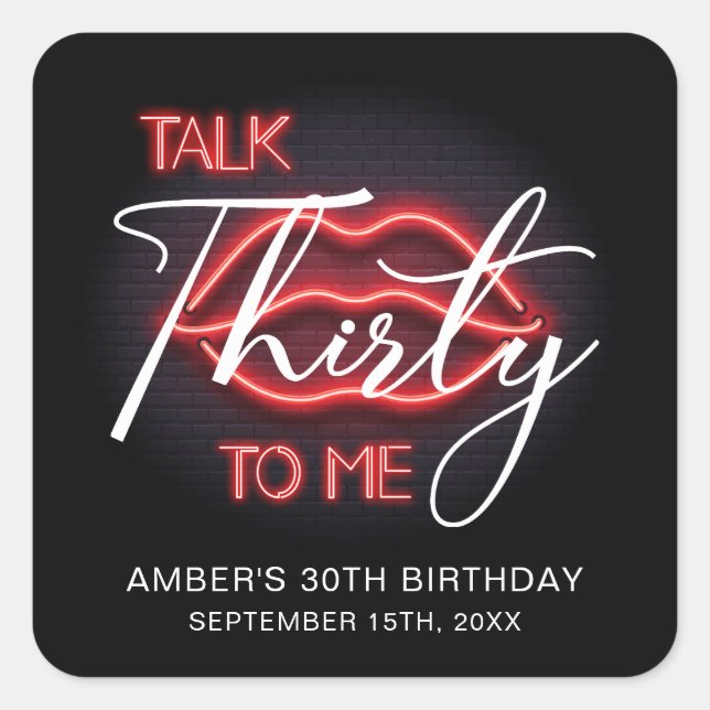 Neon Red Thirtieth Birthday Party Quadratischer Aufkleber (Vorderseite)
