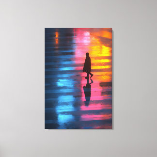 Neon-Regen-Fußgängerüberweg-Silhouette Leinwanddruck