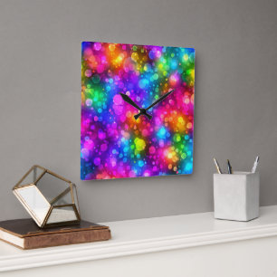 Neon-Regenbogen-Bokeh-Lichter abstrakt Quadratische Wanduhr