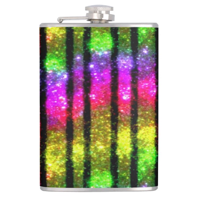 Neon-Regenbogen-Schimmer-Streifen Flachmann (Vorderseite)
