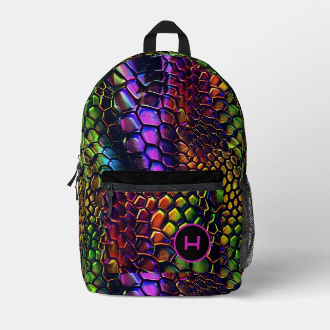Neon Reptile Fun Monogram Bedruckter Rucksack (Vorderseite)