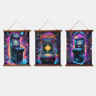Neon Retro 80er Arcade Game Wandteppich Mit Holzrahmen