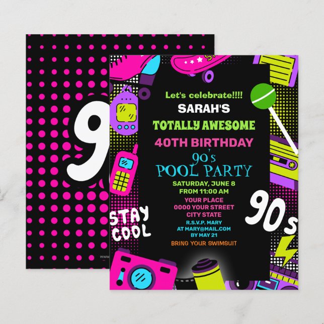 Neon Retro 90's Birthday Pool Party Einladung (Vorne/Hinten)
