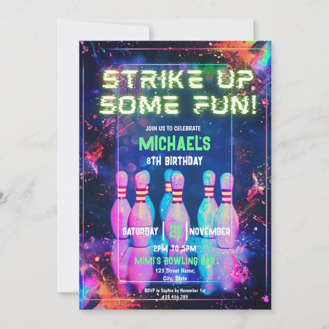 Neon Retro Bowling erwischt Spaß im Party Einladung (Vorderseite)